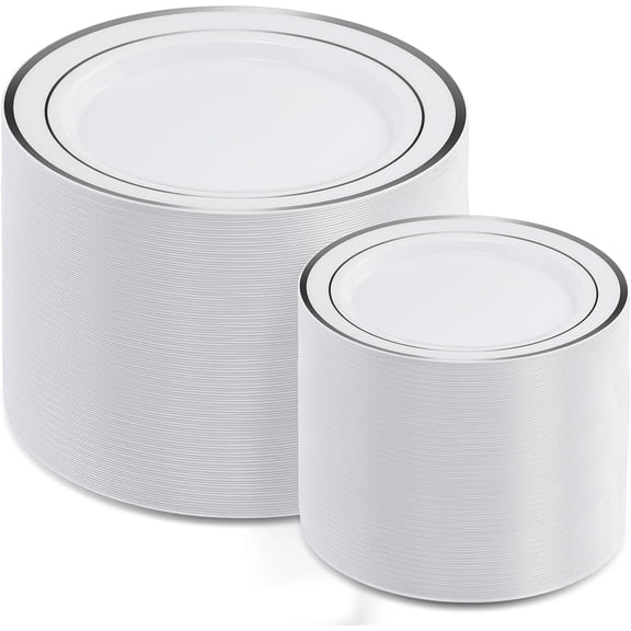 200 Pcs Silver Disposable Plastic Plates Set Dinner and Salad