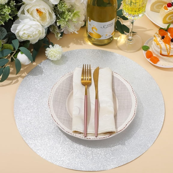 200 Pcs Silver Glitter Paper Place Mats 15 Inch Sparkle Round Disposable Table Mats for Wedding Banquet Party