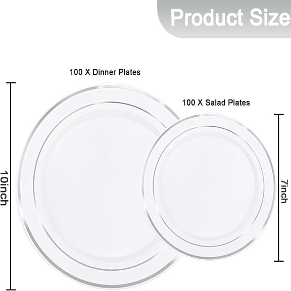 200 Pcs Silver Plastic Plates - Silver Disposable Party Plates Include 100 Dinner Plate and 100 Elegant Dessert Plate Perfect for Party, Holiday, Wedding & Birthday