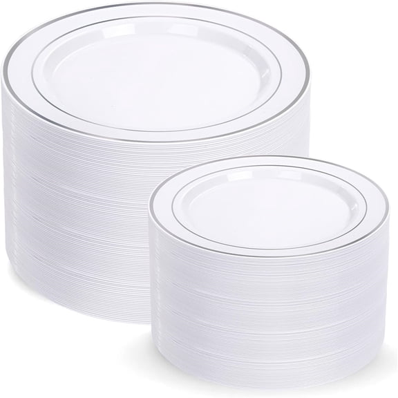 200 Pcs Silver Plastic Plates - Silver Disposable Party Plates Include 100 Dinner Plate and 100 Elegant Dessert Plate Perfect for Party, Holiday, Wedding & Birthday