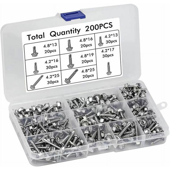 200 Pcs Stainless Steel Self Drilling Screws, Metal Drilling Screws, Hexagon Head Self Drilling Screws M4.2 M4.8 Assortment Kit Sarapandan