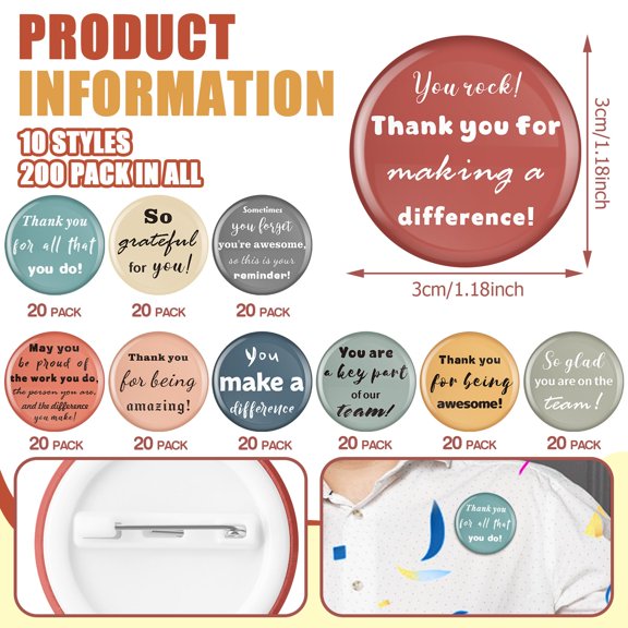 200 Pcs Thank You Button Pins Bulk Employee Recognition Gifts 10 Styles