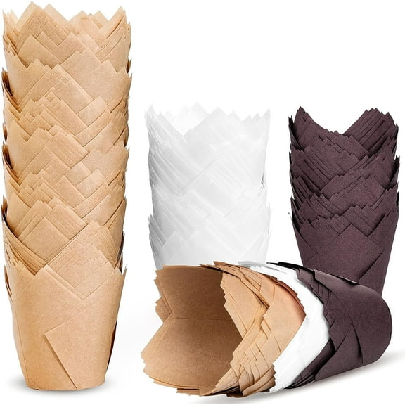 200 Pcs Tulip Cupcake Liners, Muffin Liners Holders for Baking Cups, Greaseproof Cupcake Wrappers, Paper Cupcakes Liner for Party(Brown,Beige and White)