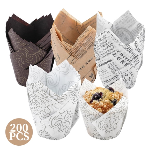 200 Pcs Tulip Cupcake Liners, Patterned and Solid Color Muffin Cupcake Paper Wrappers, Heat Resistant, Food Grade Paper, 3oz Capacity,Patterned