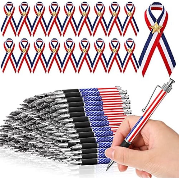 200 Pcs Veterans Day American Flag Ballpoint Pen and Patriotic Ribbon Pins with Star Set 1.0 mm Black Ink Gel 4th of July Ink Pen for Veterans Day Memorial Independence Party Supplies$$Office