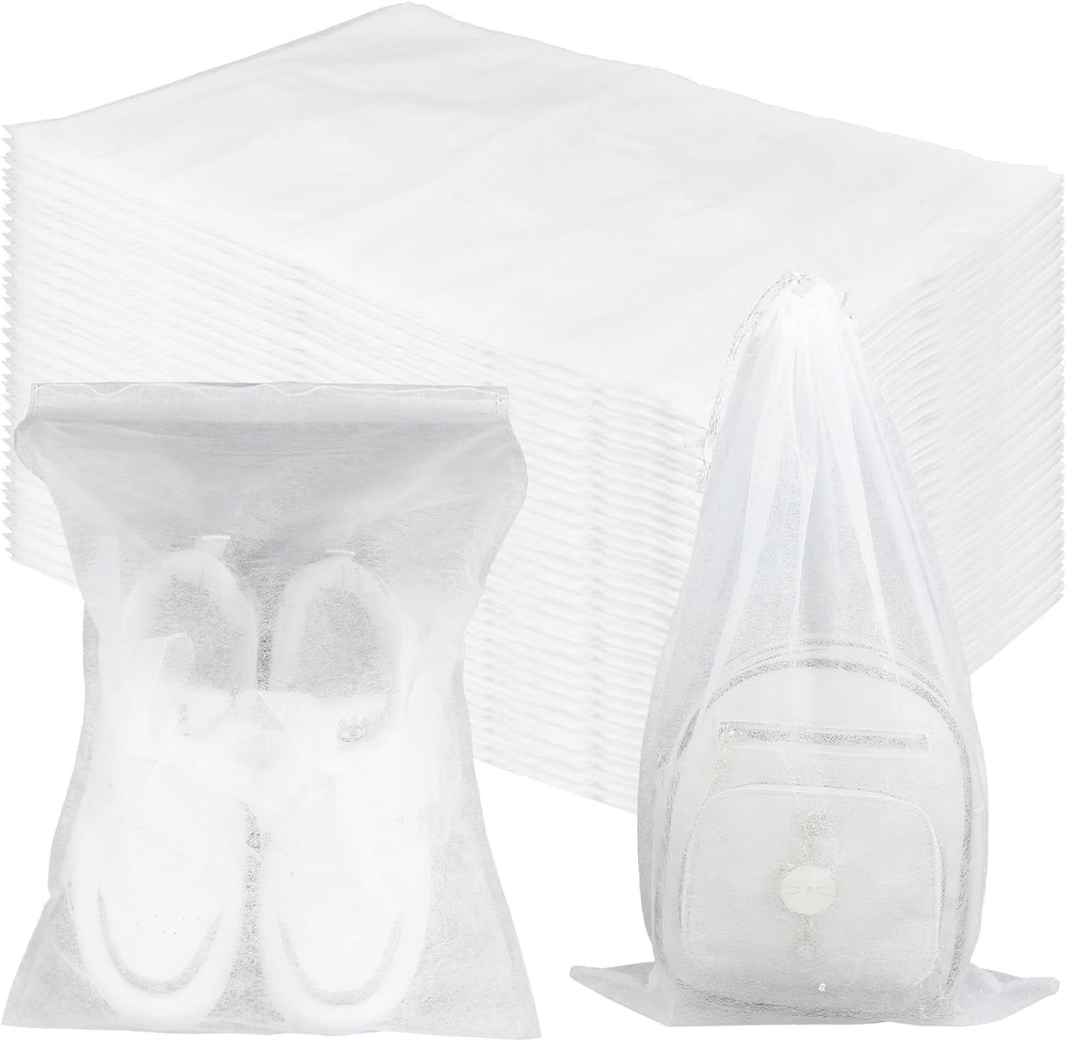 200 Pcs White Non-Woven Shoe Storage Bags – Dustproof Drawstring Travel Shoe Covers (12.5” x 18.5”) – Breathable & Portable Organizers for Shoes, Boots, Purses