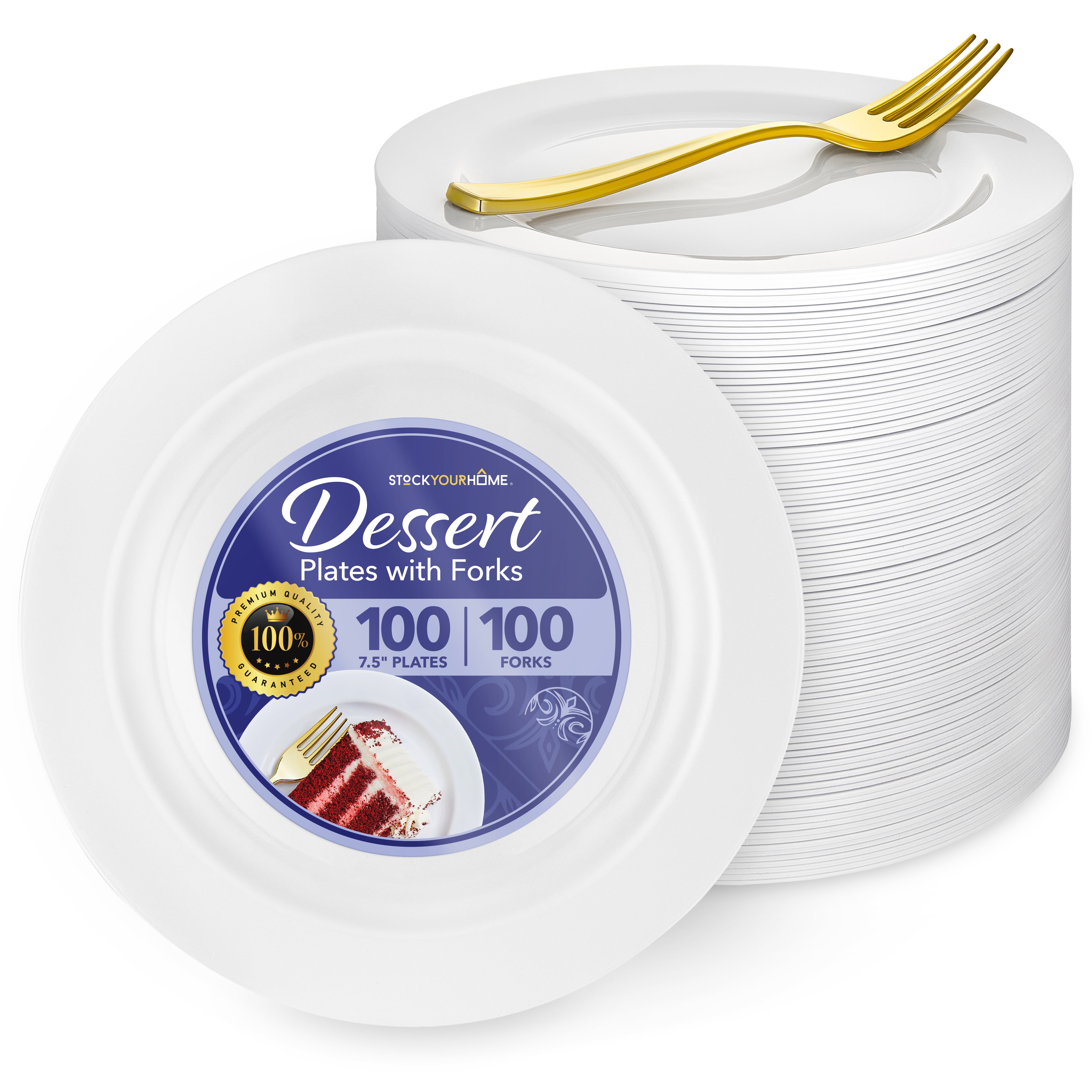 200 Pcs White Plastic Dessert Plates for Weddings and Gold Plastic Forks, 7.5" Wedding Cake Plates and Forks, Elegant Salad/ Appetizer Plates Disposable for Party, Thanksgiving, Reception
