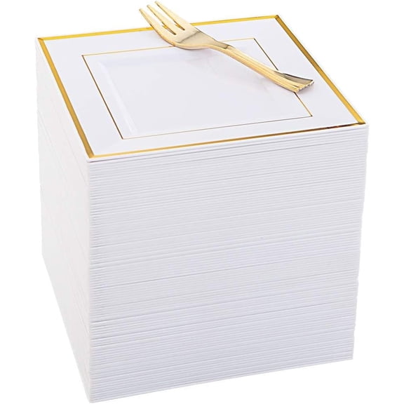 200 Pcs White and Gold 6 Inch Square Dessert Plates and Forks