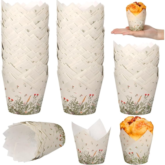 200 Pcs Wildflower Tulip Cupcake Liners Paper Mini Baking Cups Cupcake Wrappers Muffin Liners for Wedding Tea Party Bridal Baby Shower Decoration