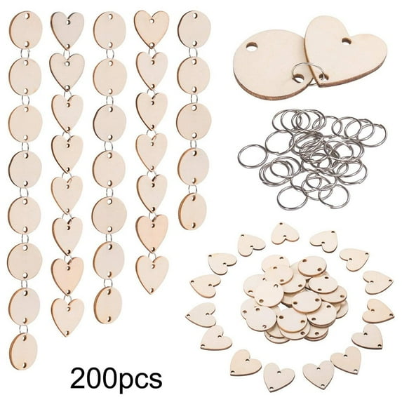 200 Pcs Wooden Circles Wooden Heart Tags Arts Crafts with Holes Rings for Birthday Boards Valentine