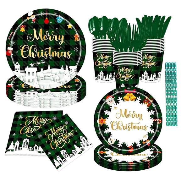 SUKVPSI Christmas Party Disposable Tableware Set, 7/9-Inch Paper Plates Napkins Cups Cutlery and Straws, Serves 25 Guests, 200-Piece, Green