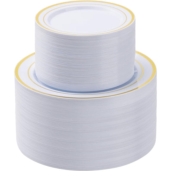 200 Piece Gold Plastic Plates Set 100 Dinner Plates 10.25 Inch and 100 Dessert Plates 7.5 Inch