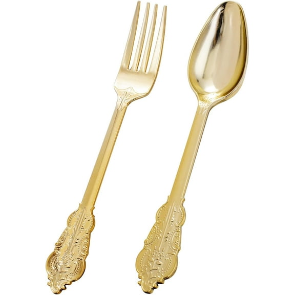 200 Piece Gold Plastic Silverware - Baroque Style Gold Plastic Forks and Spoons - 100 Forks and 100 Spoons for Weddings & Parties
