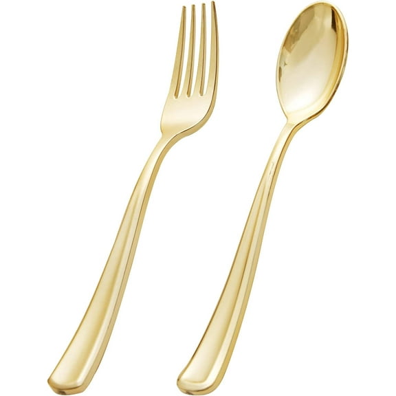 200-Piece Heavy Duty Disposable Cutlery Set - 100 Gold Plastic Forks, 100 Gold Plastic Spoons for Catering, Parties, Dinners, Weddings