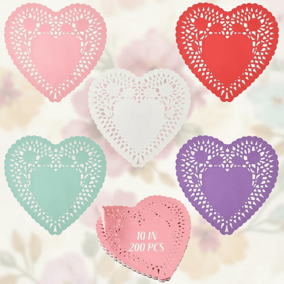 200-Piece Large 10-Inch Heart Lace Paper Doilies, Disposable Placemats for Wedding, Birthday, Mother's Day Cakes, Desserts, and Table Decorations in 5 Assorted Colors