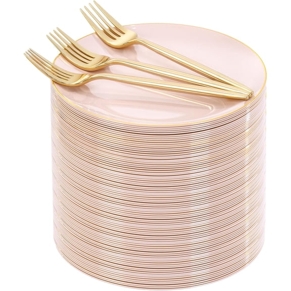 200 Piece Pink and Gold Disposable Dessert Plate and Fork Set 7.5 Inch Plates 7.6 Inch Forks