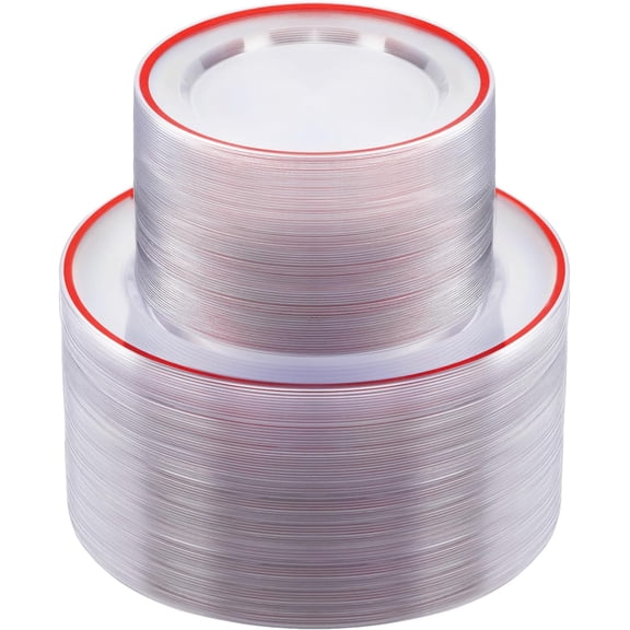 200-Piece Red-Rimmed Clear Plastic Disposable Party Plates Set  100 Dinner and 100 Dessert Plates, BPA-Free, Glossy Round Plates for Christmas, Valentine's Day, Weddings, and All Occasions