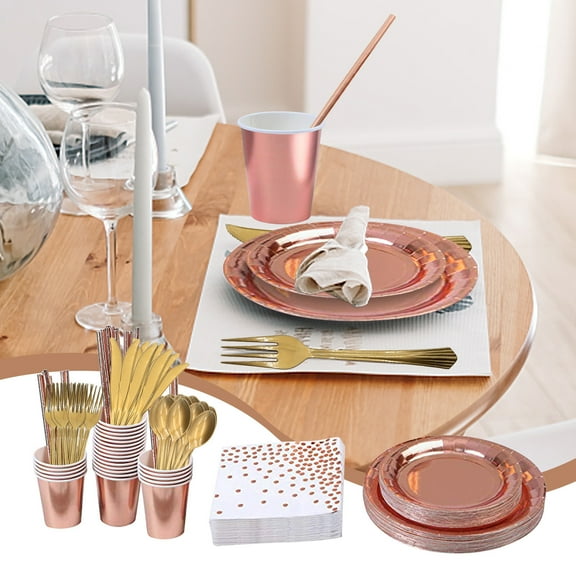 200-Piece Rose Disposable Cutlery Set for 25 Guests - 9-Inch & 7-Inch Plates, Forks, Knives, Spoons, Cups, Straws, Napkins for Banquets & Parties