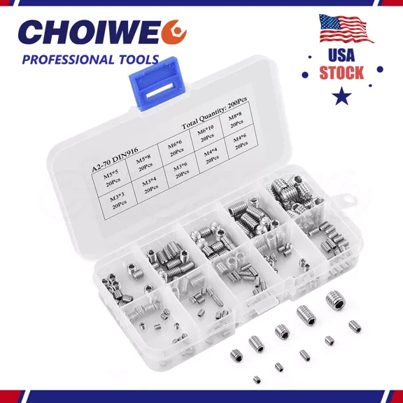 200-Piece Set,Hex Allen Set Screws Assortment Kit,Stainless Steel Thread Screws