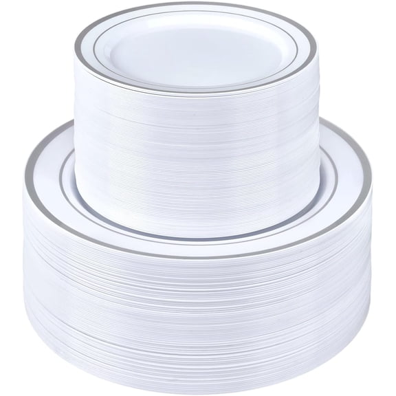 200 Piece Silver Plastic Plate Set 10.25 Inch Dinner and 7.5 Inch Dessert Plates