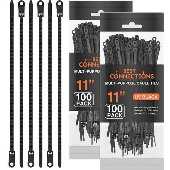 200 Pieces 11" Screw Down Nylon Cable Zip Ties Mounting Hole 50 Lbs Test Black