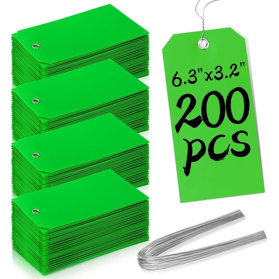 200 Pieces 6 1/4 x 3 1/8 Shipping Tags with String #8 Waterproof Green Tags for Labeling with Wire Blank with Holes Garage Sale for Moving Parts Equipment Garden Outdoor (Green)