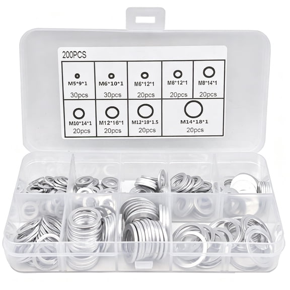200 Pieces Aluminum Gasket Seals Set - Heat-Resistant Round Flat Gaskets for M5-M14 Applications