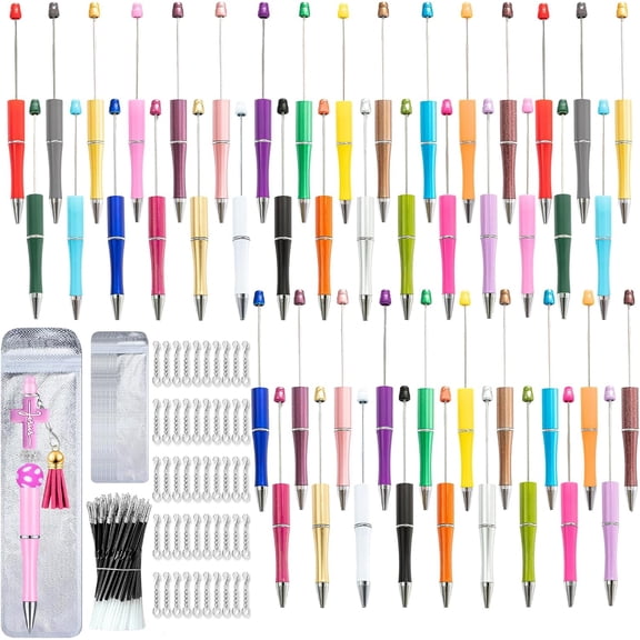 200 Pieces DIY Beadable Pens Kit - 50 Plastic Beadable Pens Bulk with 50 Lobster Clasps, 50 Refills & 50 Pen Bags Included - Ballpoint Pens for Students Teacher(Multicolor Dark)