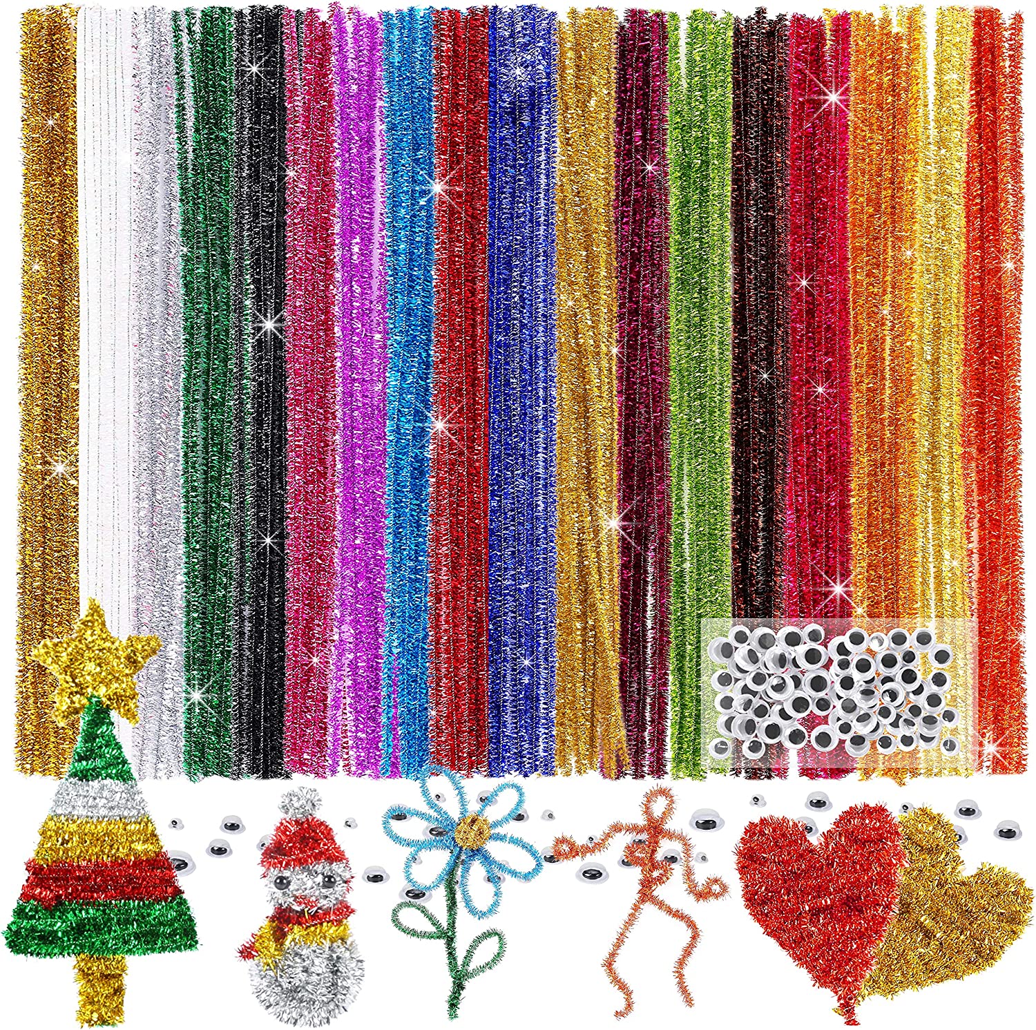 200 Pieces Glitter Pipe Cleaners with 100 Pieces Wiggle Eyes 18 Colors
