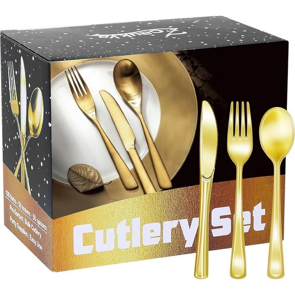 200 Pieces Gold Plastic Silverware Set, Disposable Cutlery Set Including 100 Forks, 50 Knives and 50 Spoons, Eating Implements Flatware in Bulk for Dinner, Weddings and Birthday Parties