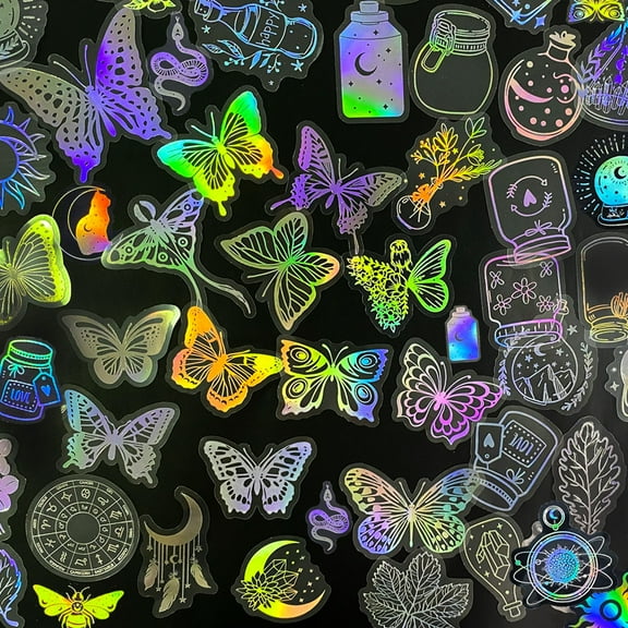200 Pieces Holographic Glitter Stickers, Transparent Shiny Butterfly Holographic Sticker, Waterproof Decorative Decals for Water Bottles Scrapbooking Laptop Planner DIY Journal Phone Case