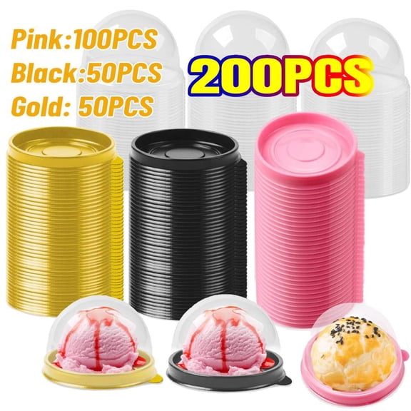 200 Pieces Mini Cake Containers with Clear Dome Lids, Cake Box for Desserts Cupcake, Cheesecake, Cocoa Bomb, Moon cake - Gold, Black,Pink