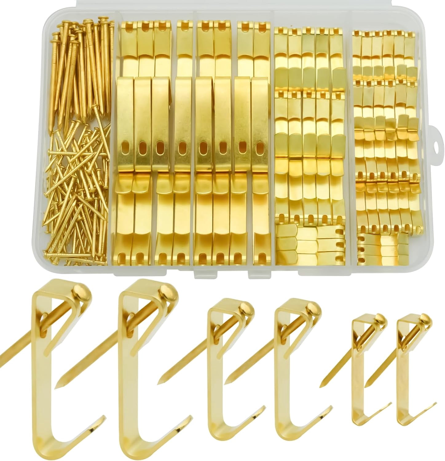 200 Pieces Picture Hangers, 3 Sizes Picture Hanging Kit Including 10lb/30lb/50lb Picture Hanging H s, Heavy Duty Picture H s with Nails for Drywall Wooden Wall (Gold)