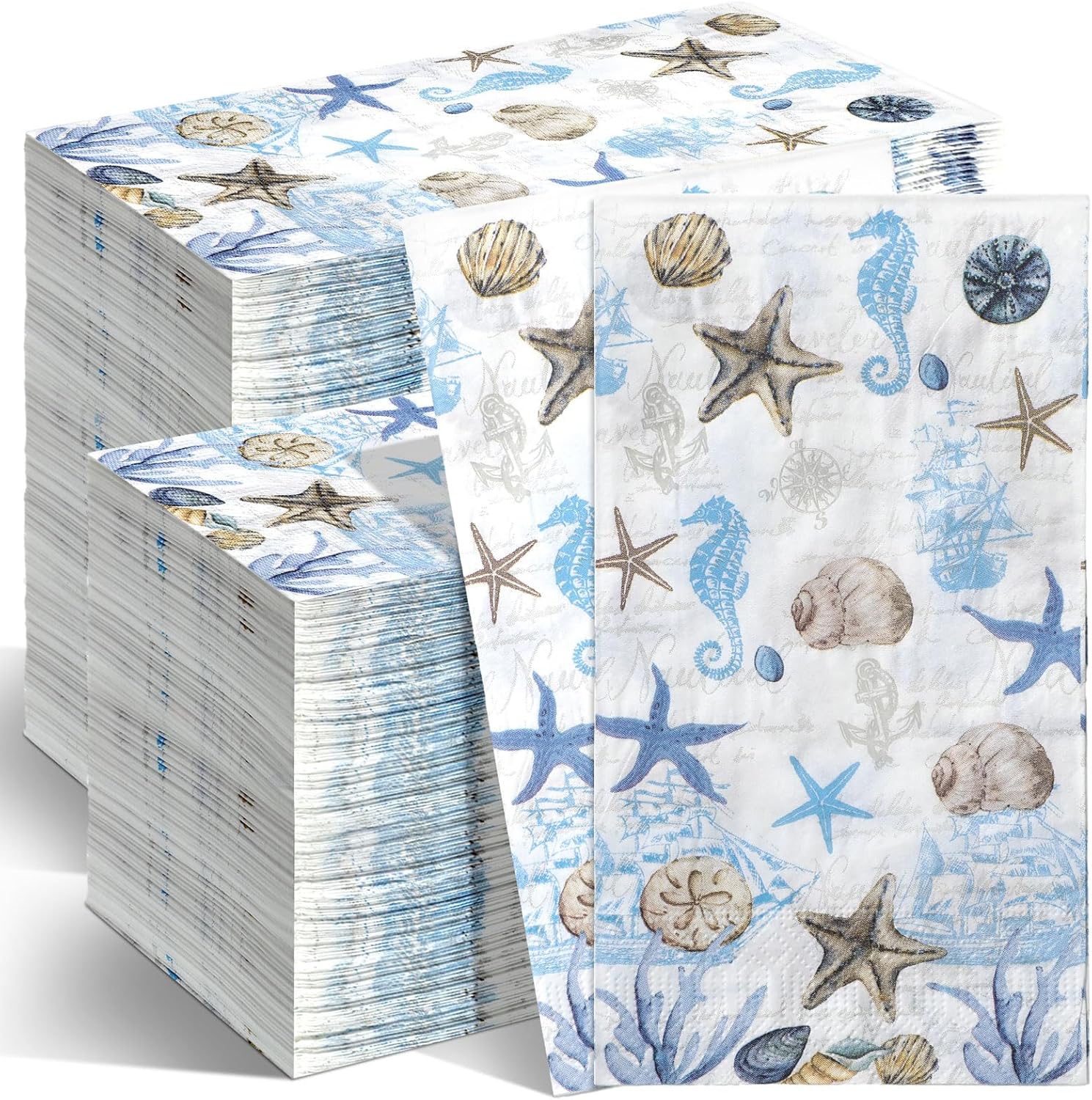 200 Pieces Sea Paper Napkins Summer Paper Guest Towels for Bathroom Decorative Sea Blue Starfish Disposable Guests Paper Napkins Nautical Coastal Hand Towels for Bathroom Wedding Dinner Party