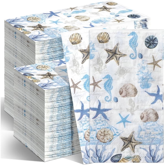 200 Pieces Sea Paper Napkins Summer Paper Guest Towels for Bathroom Decorative Sea Blue Starfish Disposable Guests Paper Napkins Nautical Coastal Hand Towels for Bathroom Wedding Dinner Party
