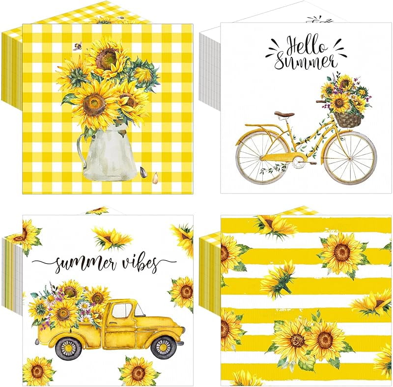 200-Pack Fall Flower Cocktail Napkins – Sunflower & Bee Design, Disposable & Decorative For Parties