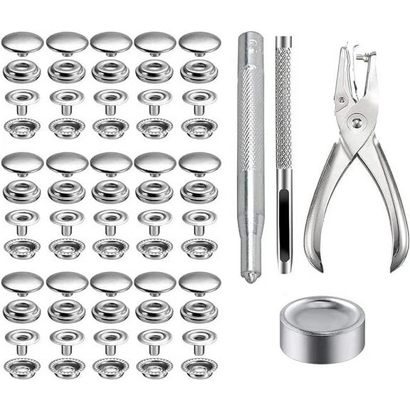 200 Pieces Stainless Steel Snap Fastener Kit, Heavy Duty Snap Button Press Stud Cap with Pliers and 2 Setting Tools for Marine Boat Canvas Bag Leather DIY Craft
