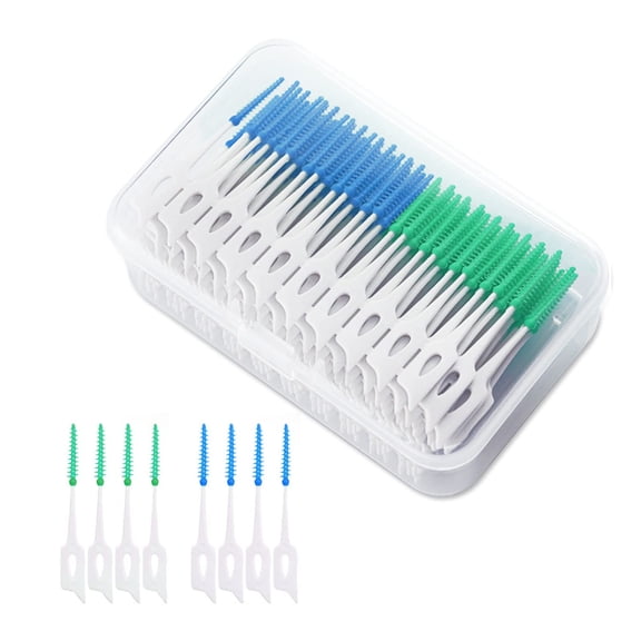 200 Pieces Tooth Floss Picks Interdental Brush Flosser Sticks, Interdental Brushes, Silicone Dental Picks, Oral Tooth Clean Silicone Floss Toothpick Cleaning Tool (Blue Green)