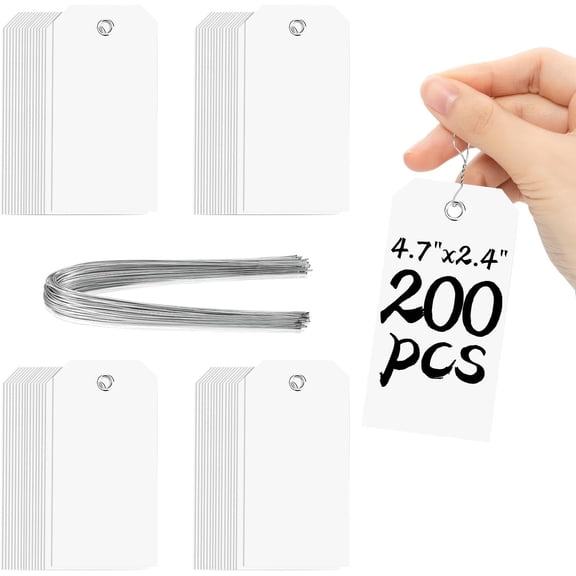 200 Pieces White Blank Shipping Tags 4 3/4" x 2 3/8" With String Hanging Plastic Attached - Reinforced Waterproof Wire Marking Tags #5 for Inventory, Luggage, Garage Parts, Asset (White)