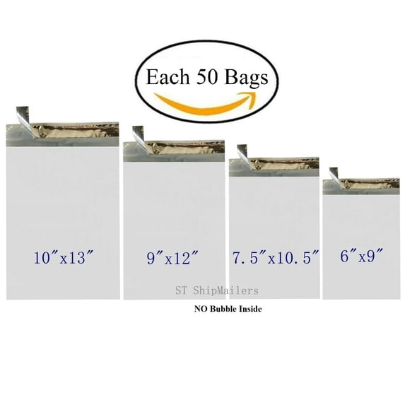 200 Poly Mailers Shipping Bags Each 50 6x9 7.5x10.5 9x12 10x13-PM mix- ST ShipMailers
