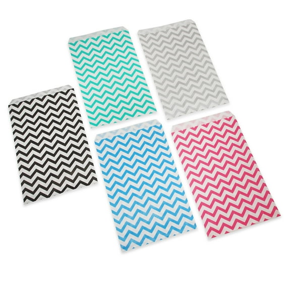 200 Qty 6" x 9" Decorative Flat Paper Gift Bags - Mixed Chevron Color Patterns on White Bags - for Sales/Treats/Parties Cookies/Gifts - N'icePackaging