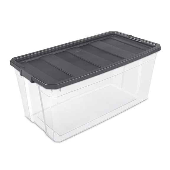 200 Quart Clear Plastic Modular Stacker Storage Bin Tote Container with Latching Lid, Clear Base, and Textured Sure-Grip Surface, Flat Grey