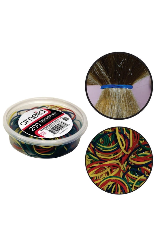 200, Rainbow Mix, Jumbo Size (1in), Rubber Bands for Pony Tails and Braids, Made in USA. Mix of Yellow, Red, Orange Green and Blue Rubber Bands.