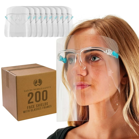 200 Safety Face Shields with Glasses Frames (20 Packs of 10) - Ultra Clear Protective Full Face Shields to Protect Eyes, Nose, Mouth - Anti-Fog PET Plastic, Goggles, Sanitary Droplet Guard