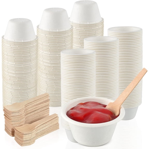 200 Set Paper Souffle Portion Cups - 2 oz, Disposable, with Wooden Spoons - Perfect for Chili Cook Off Party Supplies