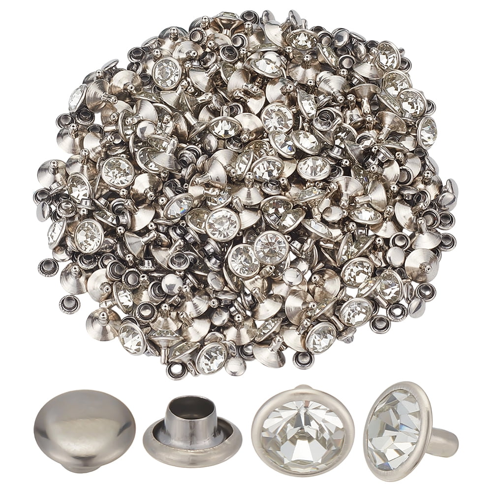 200 Sets Brass Rhinestone Rivets 10mm Flat Round White Clear Rivet with ...