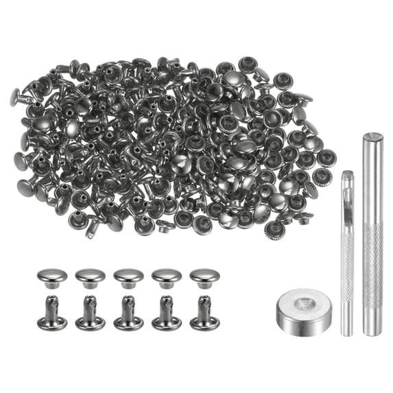 200 Sets Leather Rivets 6 x 6mm Metal with 3 Setter Tools, Gunmetal