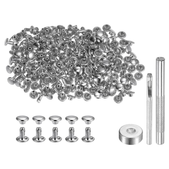 200 Sets Leather Rivets 6 x 6mm Metal with 3 Setter Tools, Silver Tone
