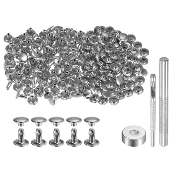 200 Sets Leather Rivets 8 x 8mm Metal with 3 Setter Tools, Silver Tone