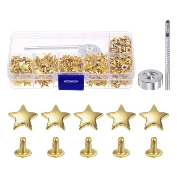 200 Sets Leather Rivets Star Studs for Clothing 12mm with Punch, Gold Tone